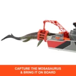 Matchbox Jurassic World Playset with 12.5" Boat with 13" Mosasaurus 1:64 Scale Die-Cast Jeeps, Harpoon Missiles and Removable Rescue Boat for Kids Ages 3+ - Image 4