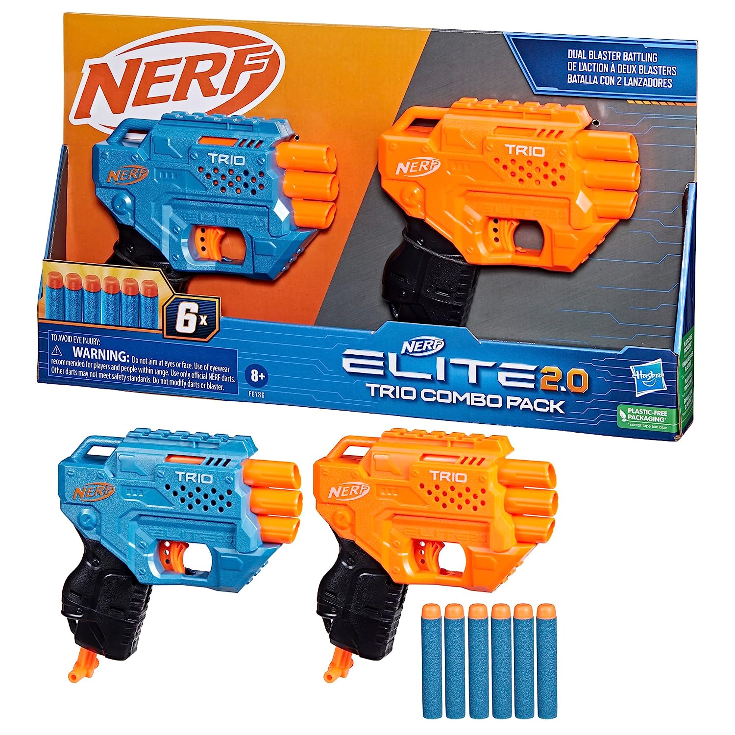 81ydFFehJjL._SL1500 Nerf Elite 2.0 Trio Combo Pack, 2 Trio Nerf Blasters, 6 Nerf Elite Darts, Pull Down Priming, Toy Foam Blaster for Kids Outdoor Games - Image 1