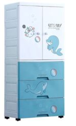 Kids’ Modular Storage Almirah with 3 Deep Drawers and 2-Door Hanging Section – Cartoon Print Organizer